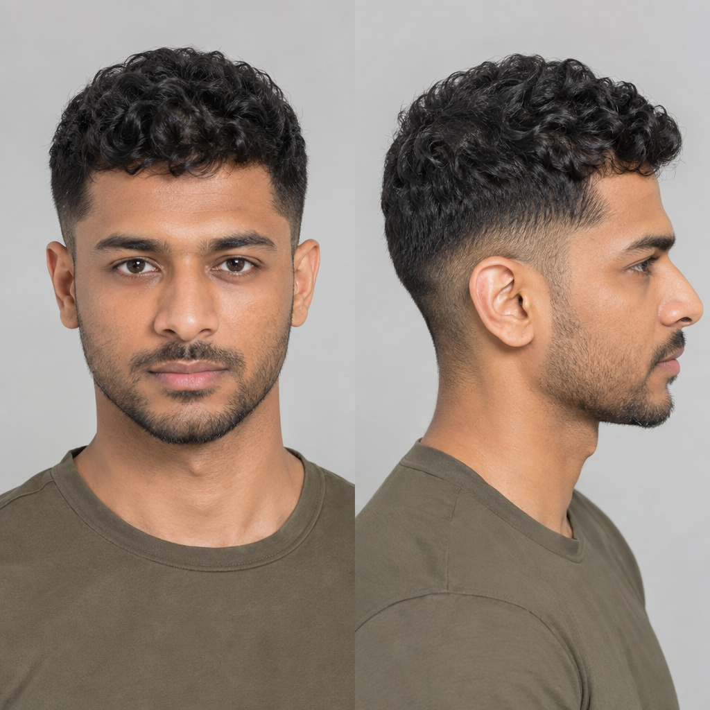 Short curly crew cut for men with tapered sides