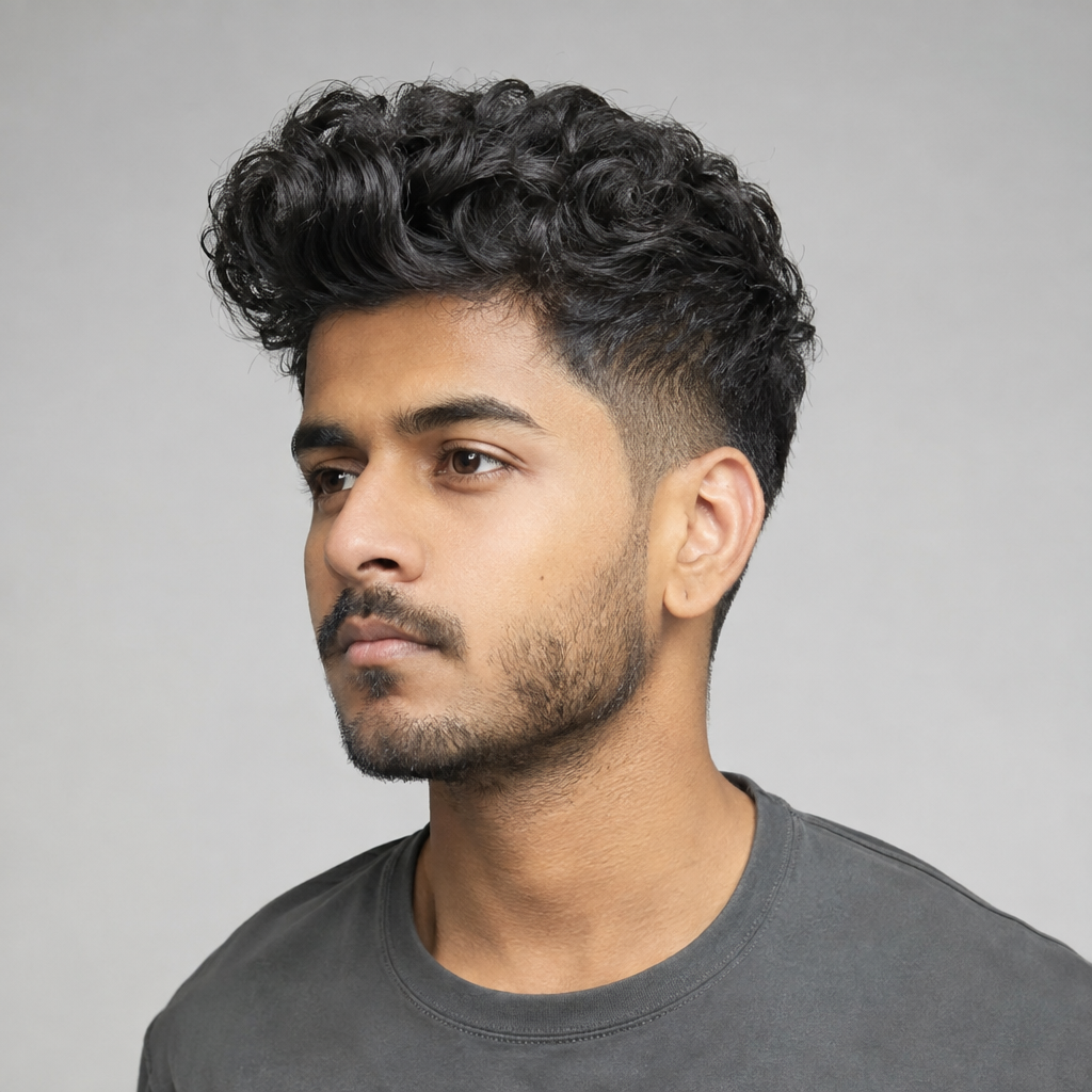 Curly pompadour hairstyle with a low taper