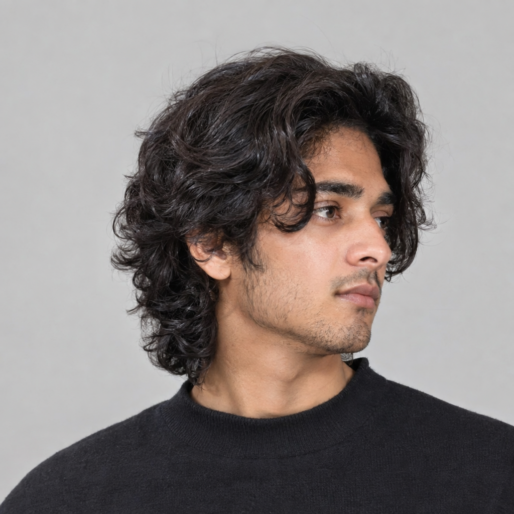 Long layered curly hairstyle for men