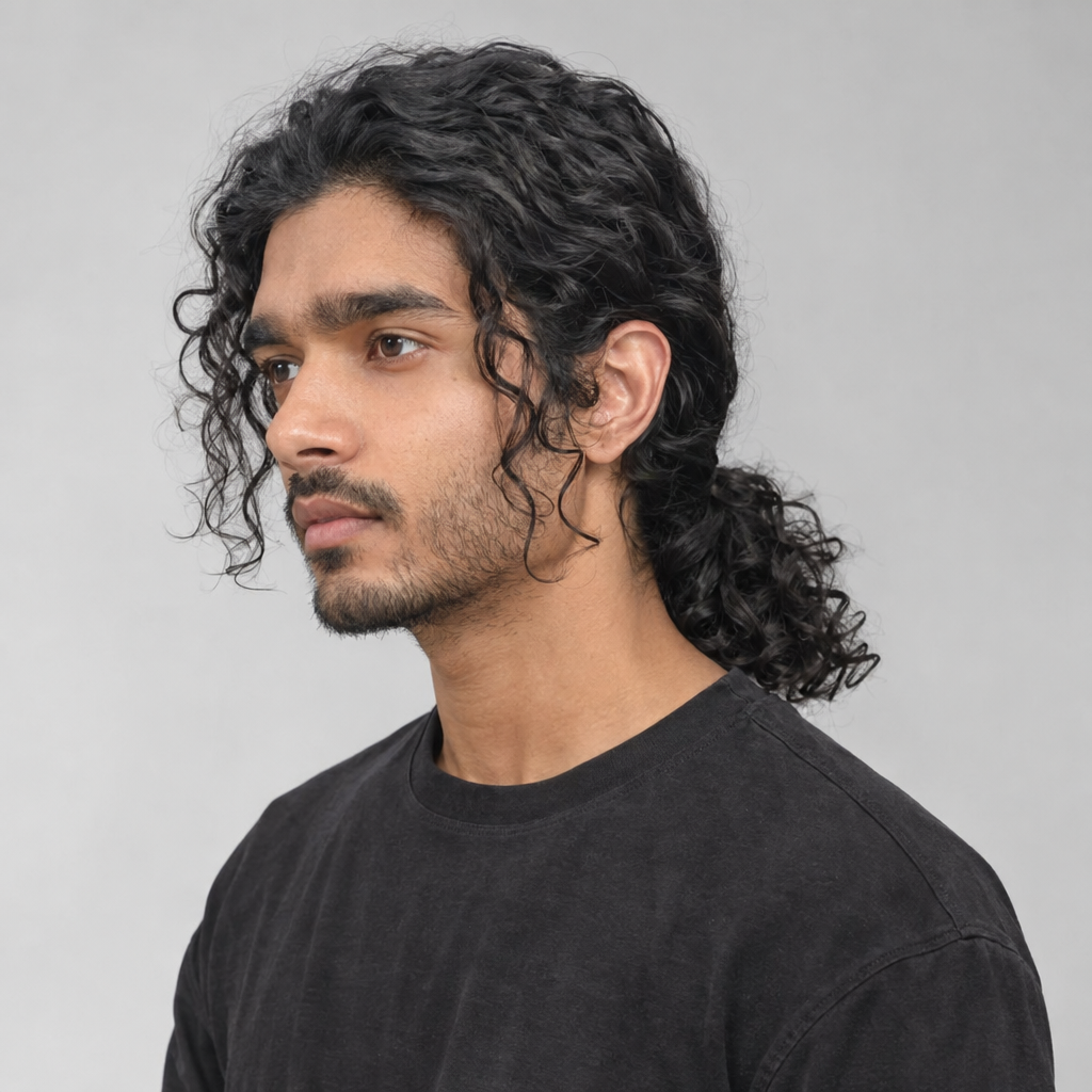 Long curly ponytail hairstyle for men