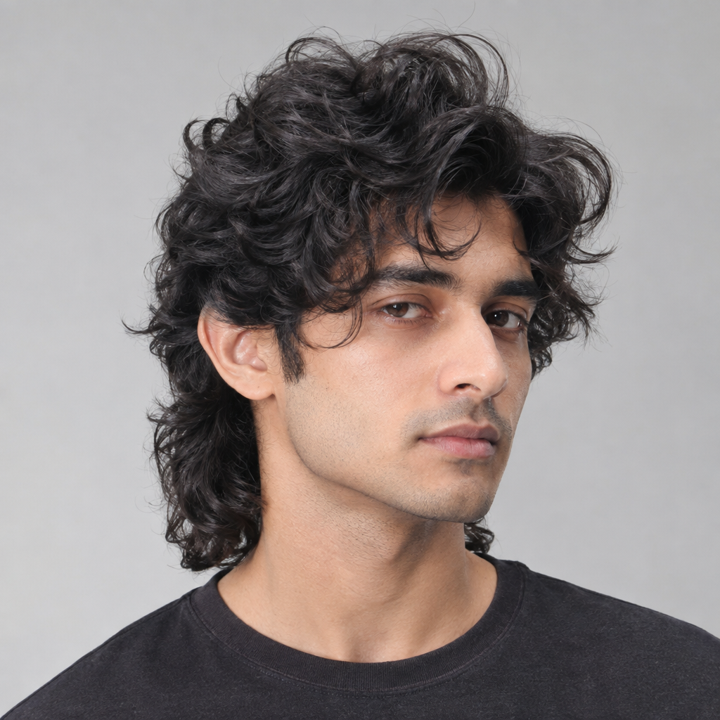 Curly wolf cut for men with layered volume
