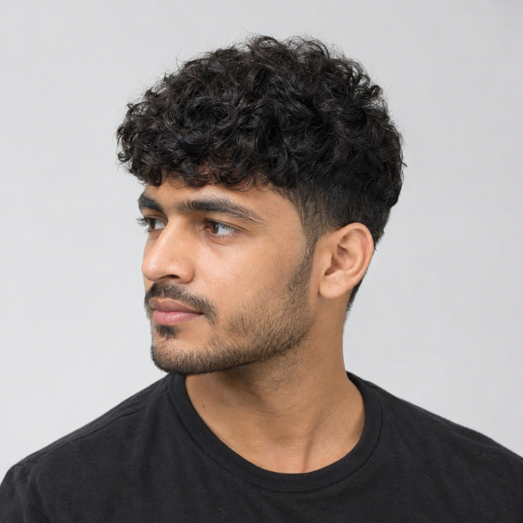 Curly textured crop hairstyle for Indian men
