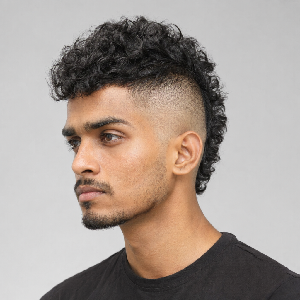 Curly mohawk hairstyle for men with faded sides