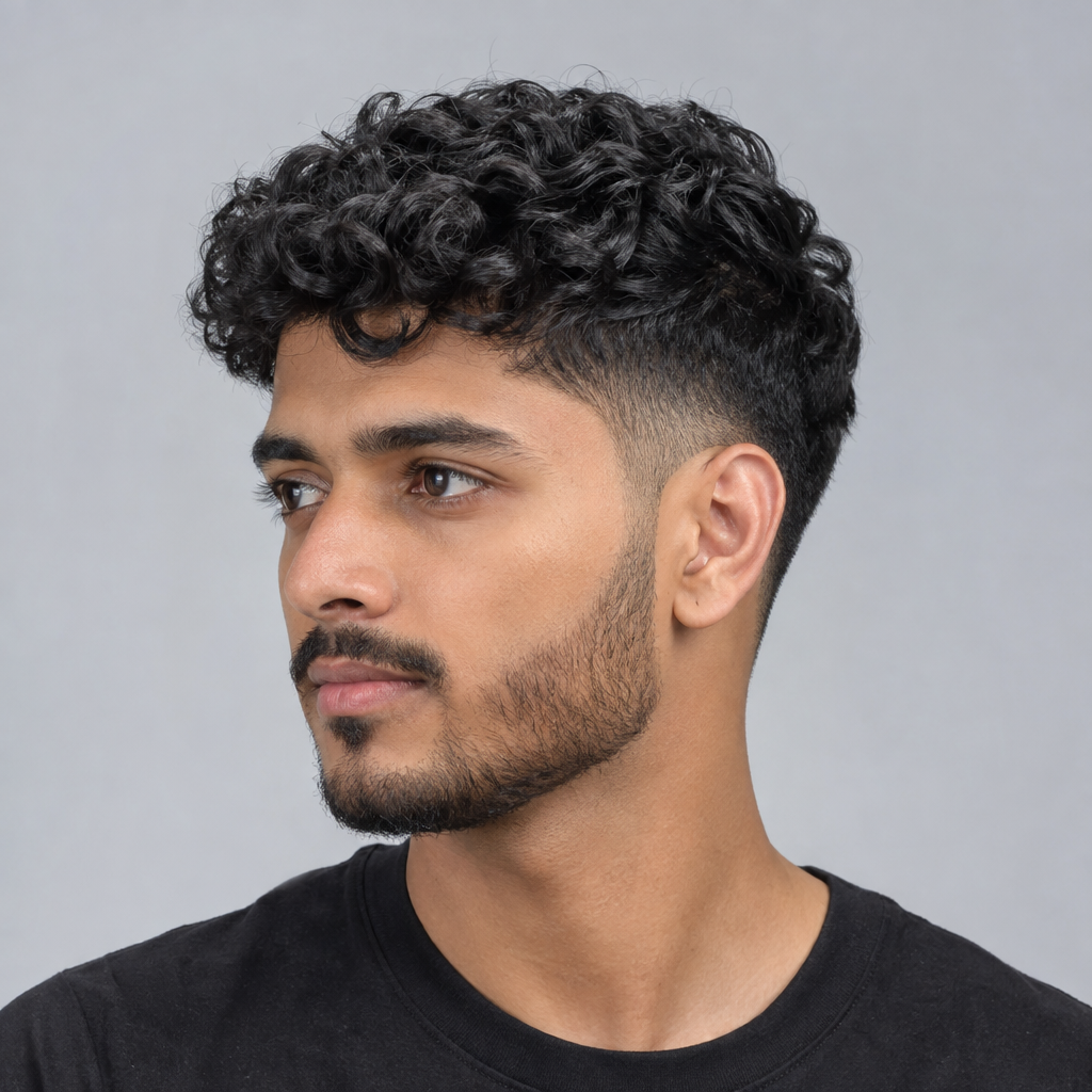 Low taper hairstyle with natural curls for men