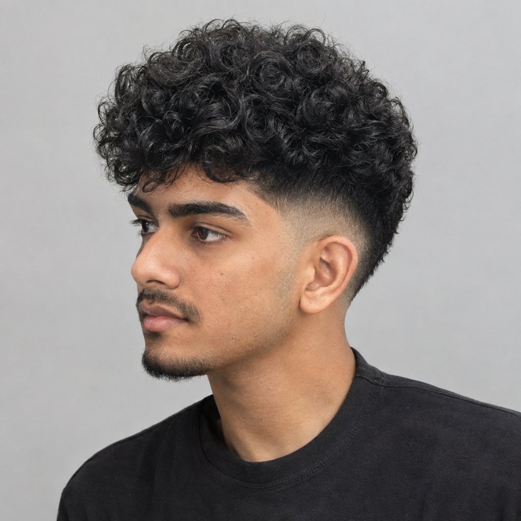 Drop fade with springy curly hair on top