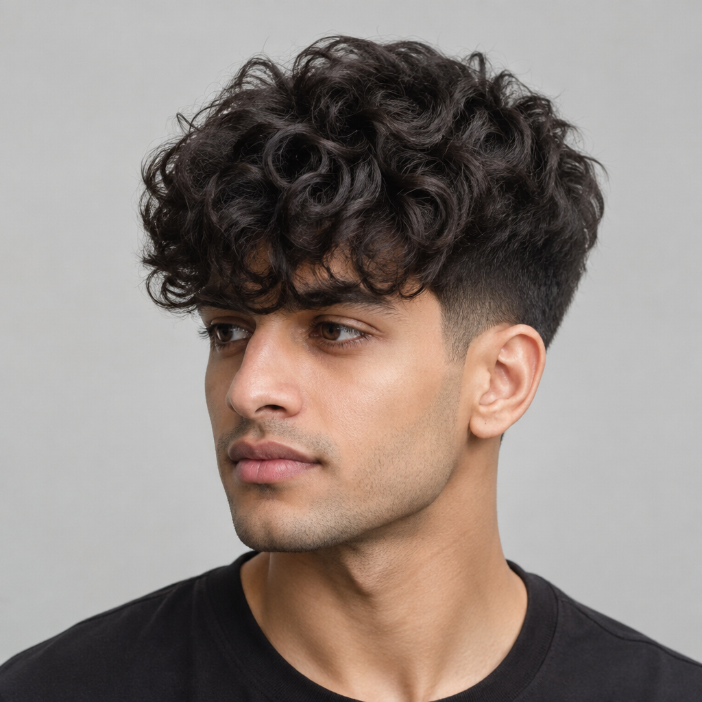 Curly fringe haircut for men with neat sides