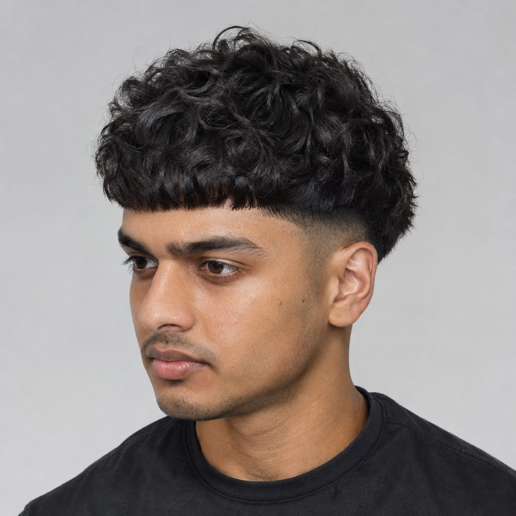 Curly Edgar haircut with a short blunt fringe