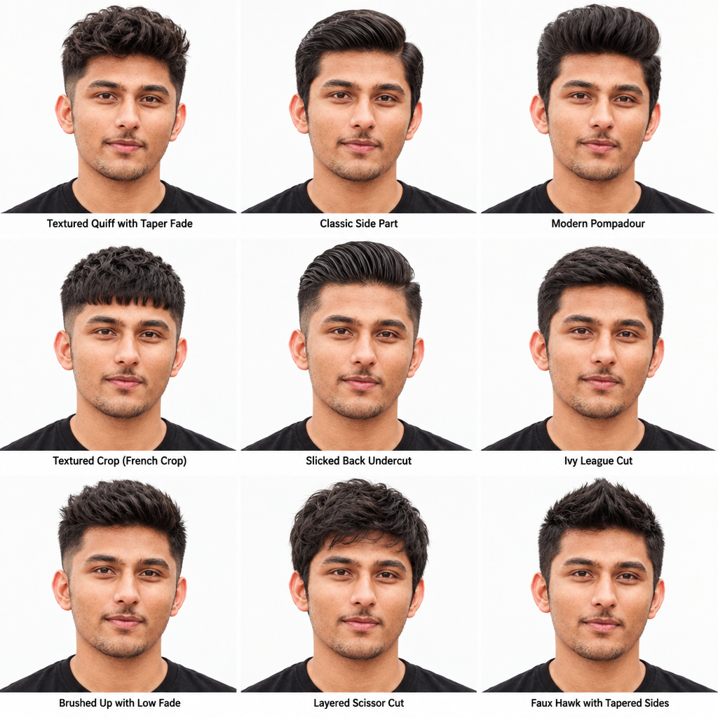Nine AI-generated hairstyle options on the same face, each matched to the person's features