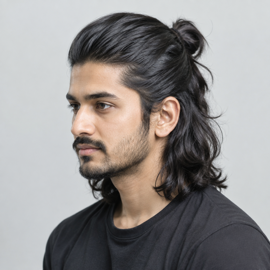 Half-up half-down hairstyle for men with long hair