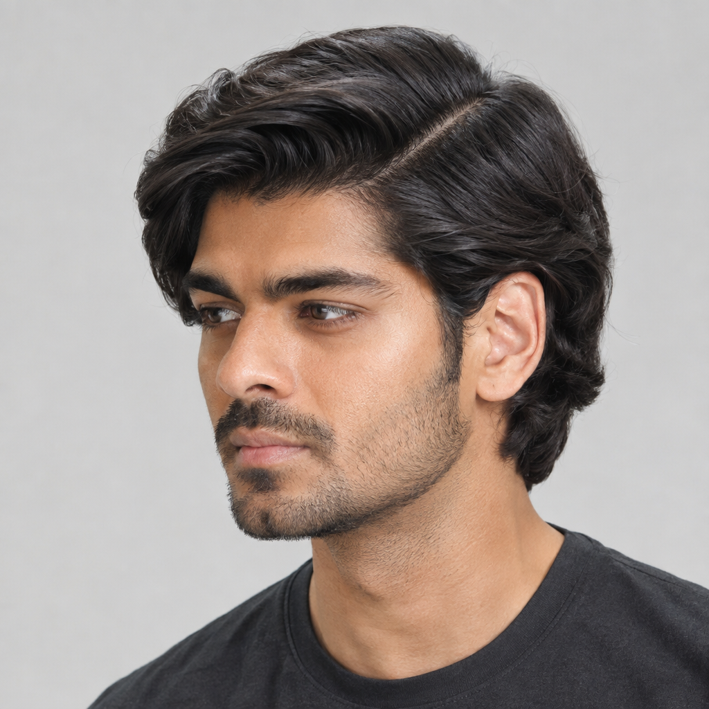 Deep side-part hairstyle for men with long hair