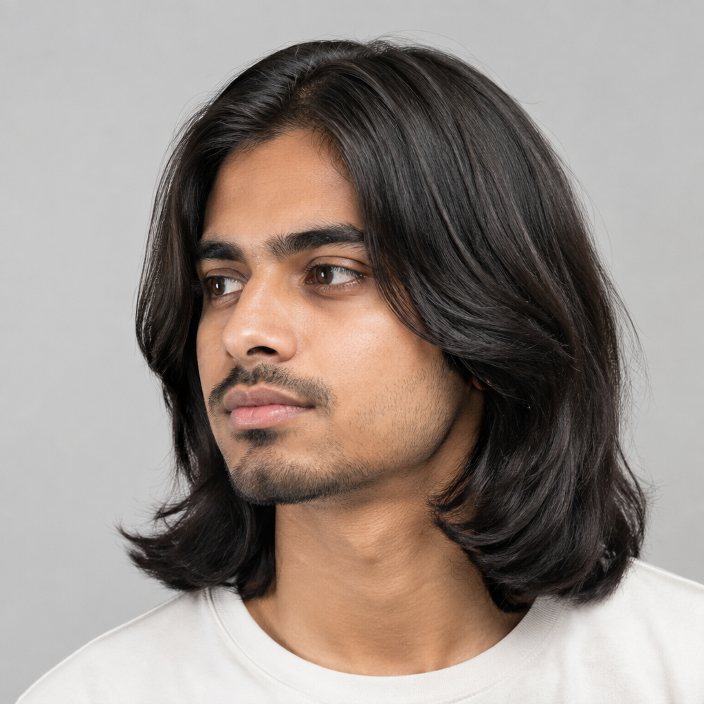 Sleek one-length long hairstyle for men