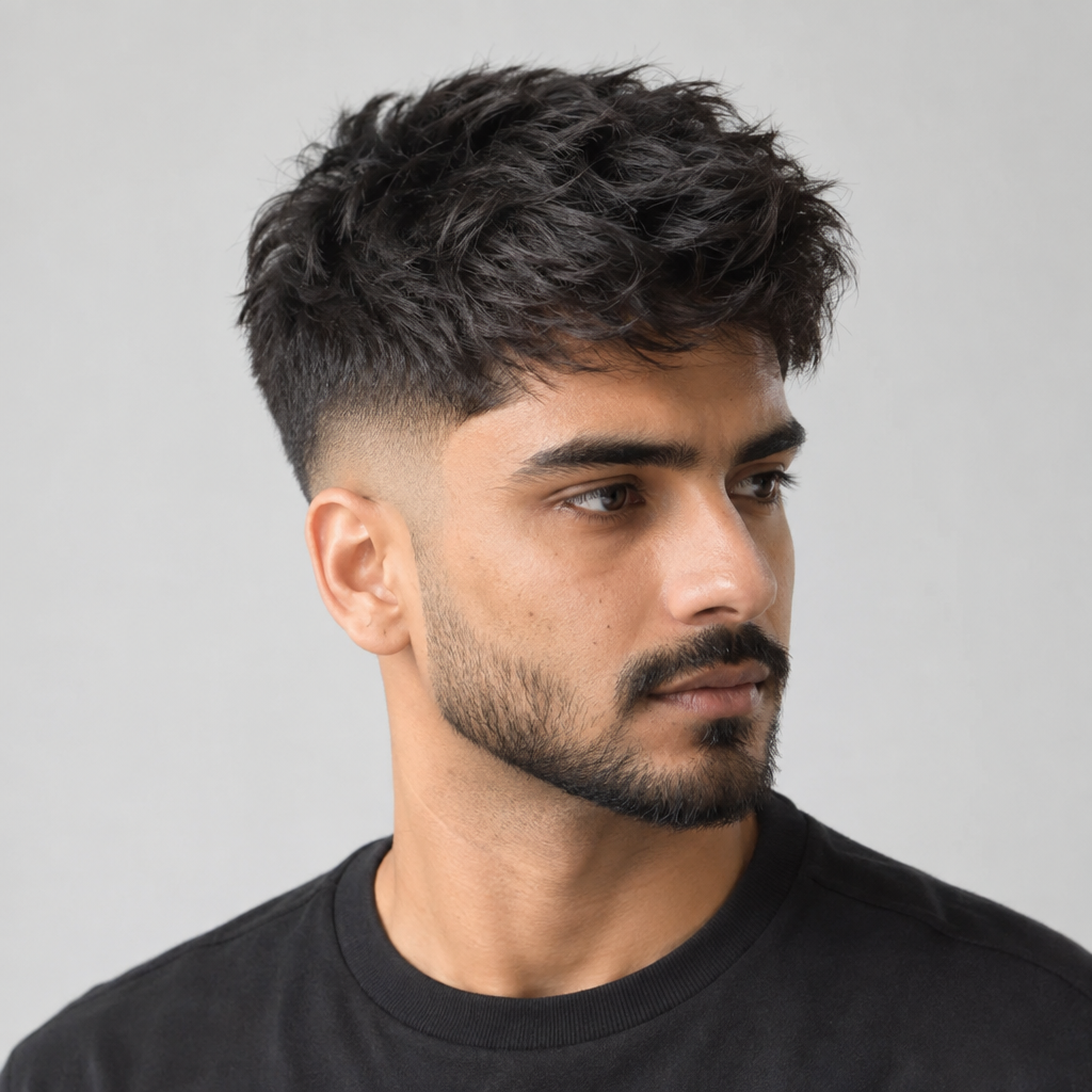 Mid fade with textured short top for men