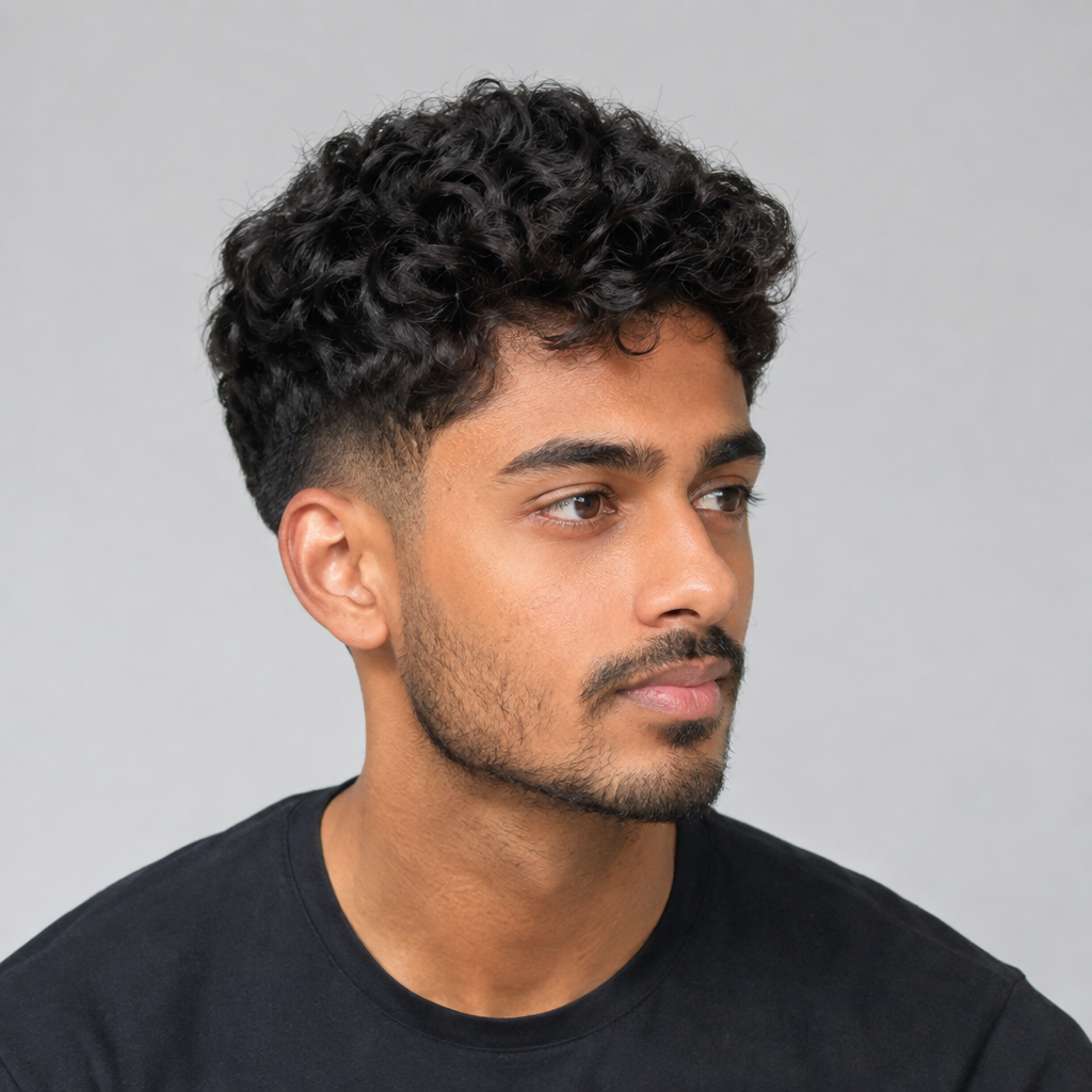 Short curly taper haircut for men