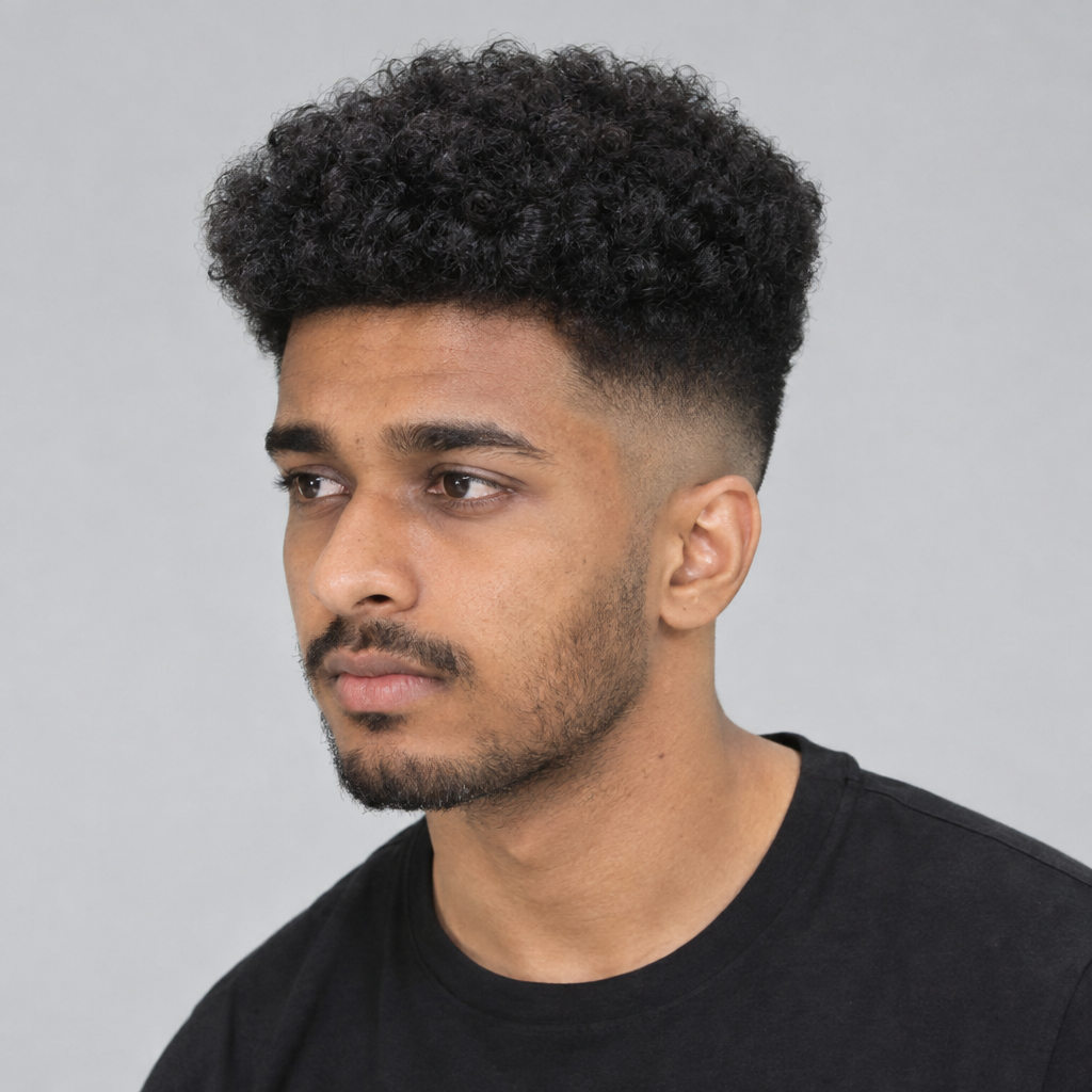 Short coily high-top fade for men