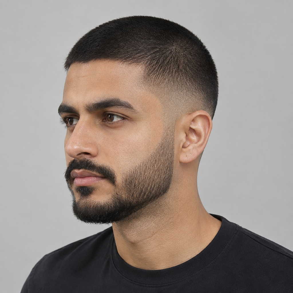 Buzz cut with beard fade for men