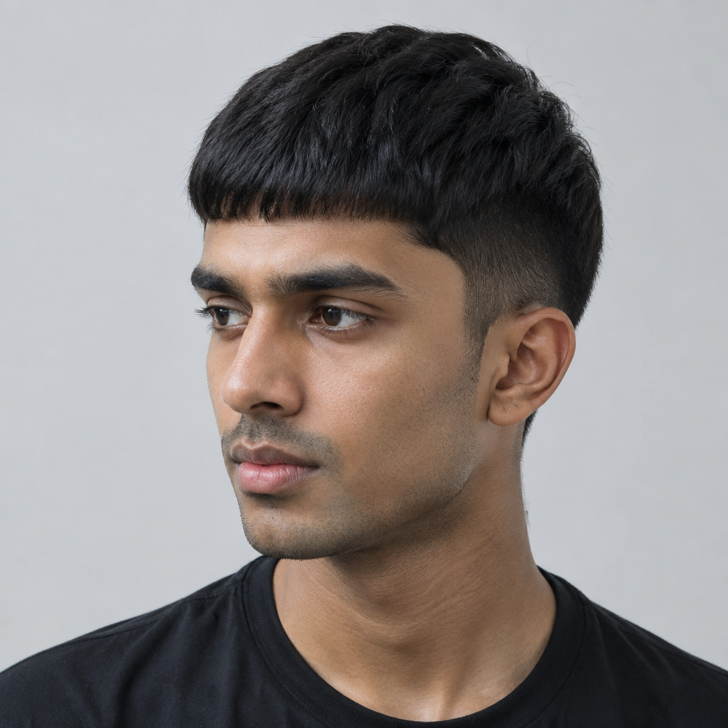 Caesar cut with short forward fringe for men