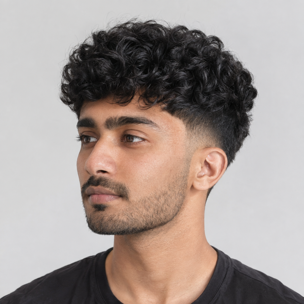 Curly top with low taper for men