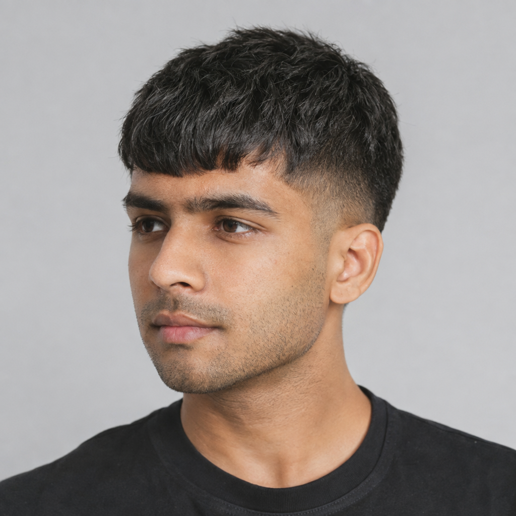 French crop hairstyle for men with forward fringe