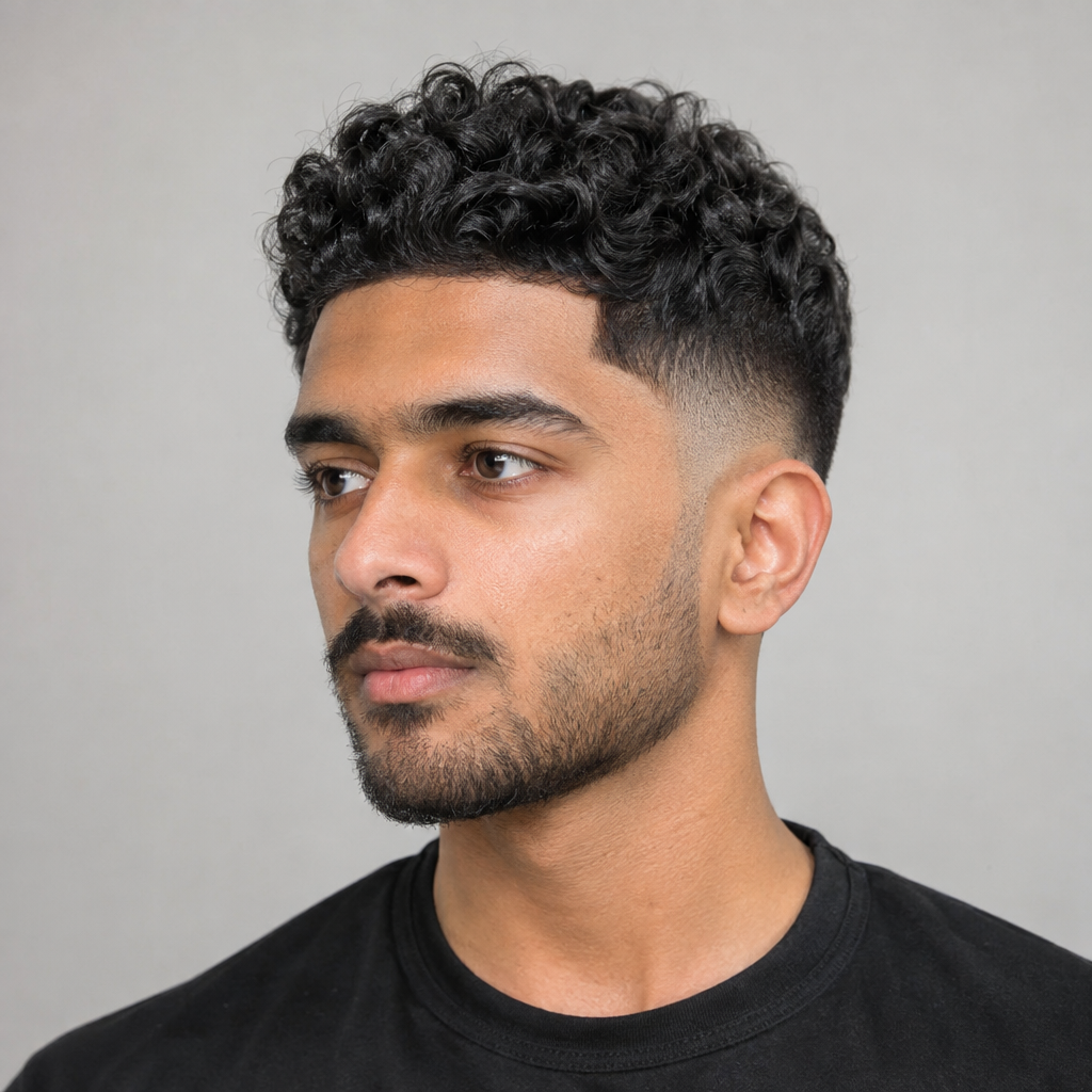 Curly crop with temple fade for men